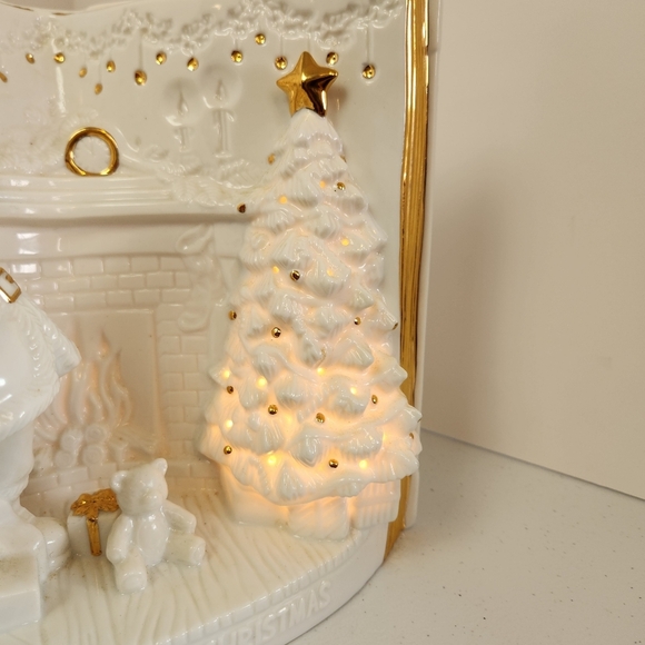 Santa Claus Christmas Eve Fireplace Light Up Lamp Vintage White Gold Decoration - Picture 11 of 12